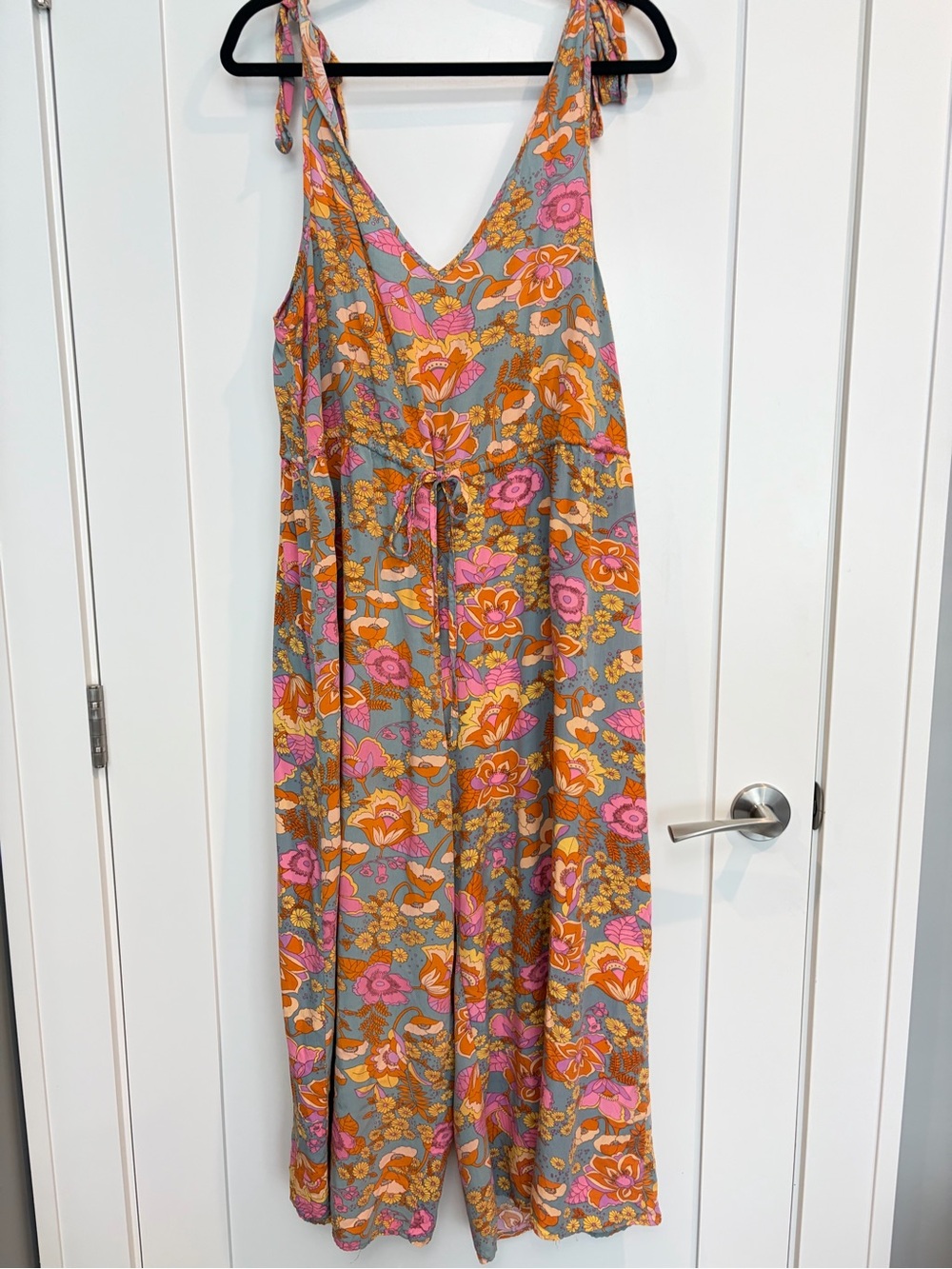 Rusttydustty Floral Tie Shoulder Wide Leg Jumpsuit XL Boho